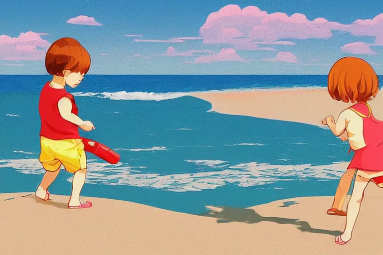 Image similar to a little boy and a little girl play at the sea beach. clean cel shaded vector art. shutterstock. behance hd by lois van baarle, artgerm, helen huang, by makoto shinkai and ilya kuvshinov, rossdraws, illustration, art by ilya kuvshinov