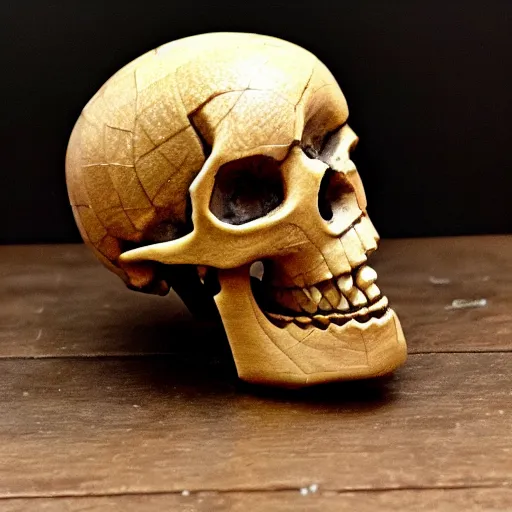 Prompt: intricately carved human skull, intricate ornament, gilding