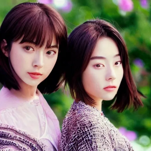 Image similar to 1990s, unbelievably beautiful, perfect, dynamic, epic, cinematic 8K HD movie shot of two semi-close-up japanese beautiful cute young J-Pop idols actresses girls, they express joy and posing together. By a Chinese movie director. Motion, VFX, Inspirational arthouse, high budget, hollywood style, at Behance, at Netflix, with Instagram filters, Photoshop, Adobe Lightroom, Adobe After Effects, taken with polaroid kodak portra