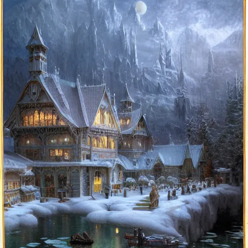 Image similar to a beautiful and highly detailed matte painting of a home depot in a magical fantasy winterlands, intricate details, epic scale, insanely complex, 8 k, sharp focus, hyperrealism, very realistic, by caspar friedrich, albert bierstadt, james gurney, brian froud.