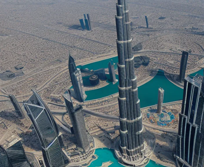 Image similar to 4 k hd, high detail photograph of burj khalifa, shot with sigma f / 4. 2, 2 5 0 mm sharp lens, wide shot, consistent, isometric view, volumetric lighting, high level texture render