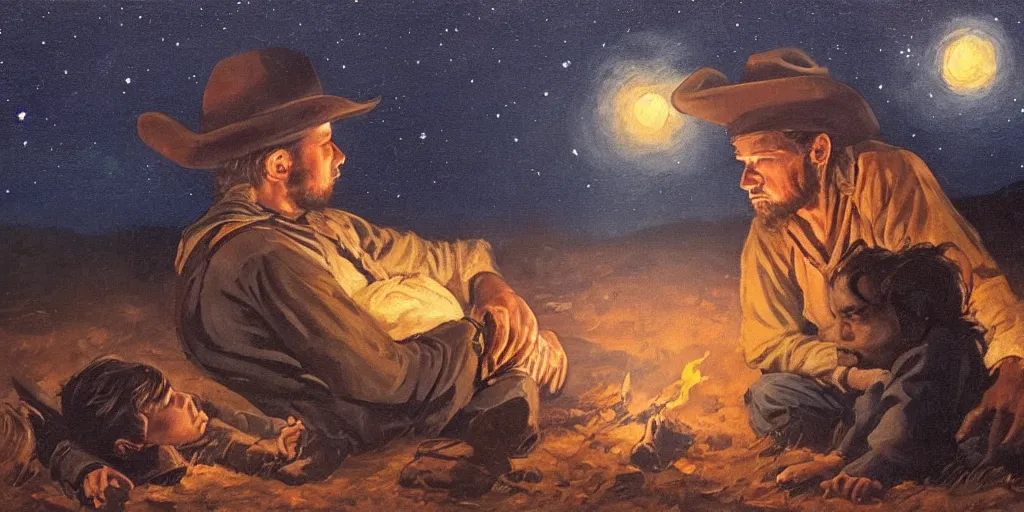 Prompt: in the old west, at a campfire at night, close up portrait of a sleeping bandit ( ( alone ) and a young boy ( ( alone ) ) watches the stars and his horse grazes, in the style of fredrick remington, oil painting, warm color palate, astral