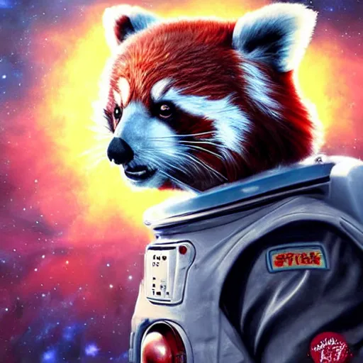 Image similar to red panda in a spacesuit in space having an epiphany nebula in the background, trending on artstation, highly detailed