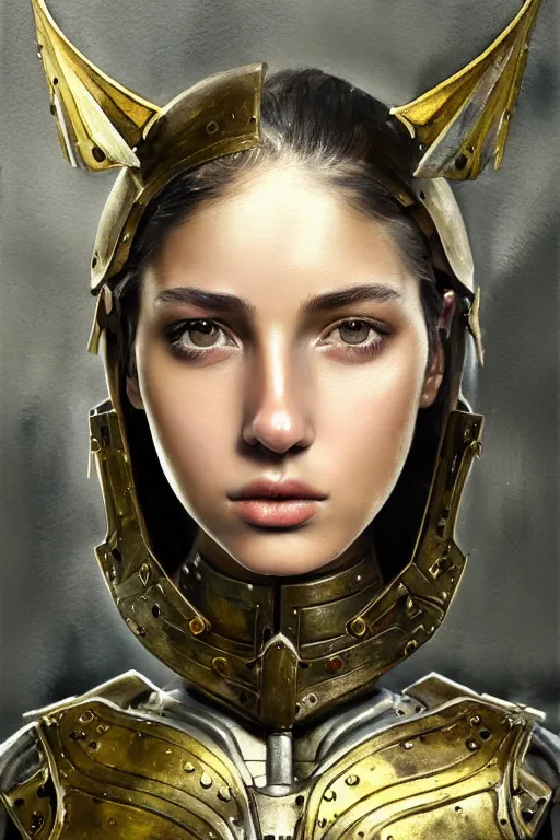 Prompt: a photorealistically painted portrait of an attractive young girl, partially clothed in metal-plated battle armor, abstract watercolor background, flawless olive skin, fair complexion, long dark hair, beautiful bone structure, perfectly symmetric facial features, perfect photorealistic eyes, natural physique, intricate, elegant, digital painting, concept art, finely detailed, beautifully illustrated, sharp focus, minimal artifacts, volumetric lighting, from Metal Gear, by Ruan Jia and Mandy Jurgens and Artgerm and William-Adolphe Bouguerea, in the style of Greg Rutkowski, trending on Artstation, award winning art