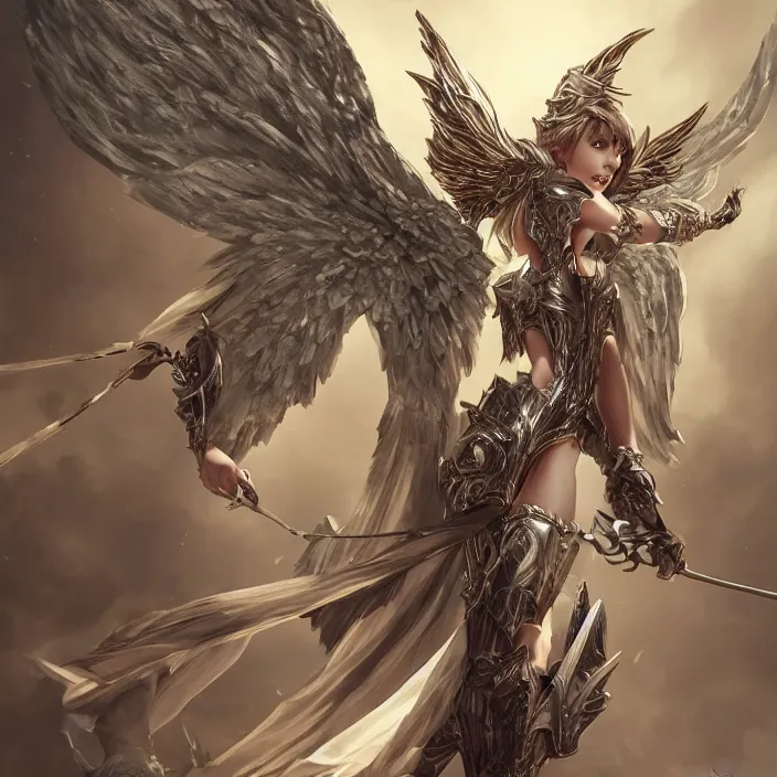 Image similar to A female angel with a shinny armour and Big Wings ,D&D, fantasy, highly detailed, digital art, artstation, smooth, sharp focus, fantasy illustration, art by Peter Tang and artgem and Alina Ivanchenko and Hirokazu Yokohara and Kago Shintaro