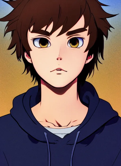 Image similar to teen boy with brown hair and big blue eyes, wearing a black hoodie with cat ears on top of it, natural lighting, path traced, highly detailed, high quality, cartoon, digital painting, by don bluth and ross tran and studio ghibli and alphonse mucha