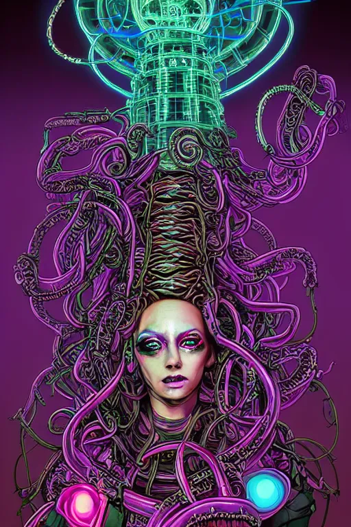 Image similar to Perfectly-centered hyperdetailed symmetrical cinematic surreal arthouse aetherpunk RPG professionally made portrait-illustration of a cyberpunk Medusa dressed in a cosmic horror dress with long ravepunk snakes as hair standing next to luminiscent otherworldly towers, neon-noir lovecraftian blurred background, HDR digital art in comic-book cover style, 3D rim light, professional post-processing, 3d final render, masterpiece, trending on Gsociety and Artstation