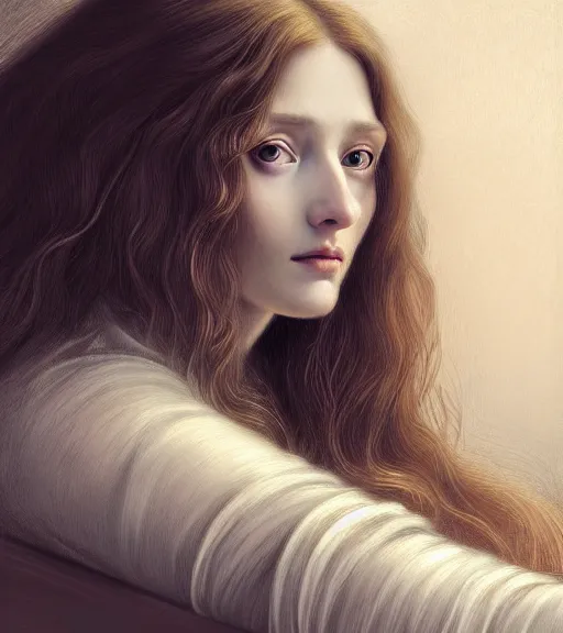 Image similar to portrait of a beautiful long - haired woman sitting upon a table with heightened detail, poised, intense emotion, detailed facial expression, detailed surroundings, intricate, elegant, highly detailed, centered, digital painting, artstation, concept art, smooth, sharp focus, illustration, by ( leonardo da vinci ), wlop