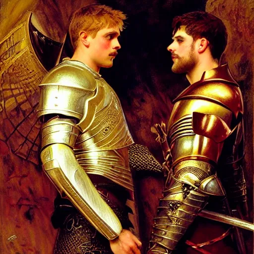 Image similar to attractive fully clothed arthur pendragon confesses his love for his attractive fully clothed male knight. highly detailed painting by gaston bussiere and j. c. leyendecker 8 k