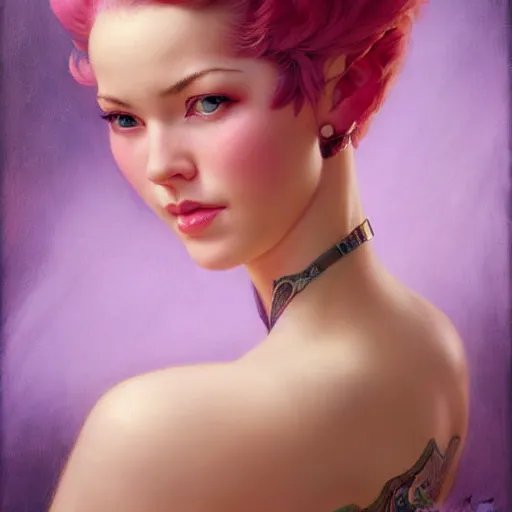 Prompt: head and shoulders portrait of VI of League of Legends, pink short hair, sidecut hairstyle, steampunk acessoires, illustration, medium shot, intricate, elegant, highly detailed, digital art, sharp lines, ffffound, art by gil elvgren donato giancola artem demura fernanda suarez greg manchess sachin teng