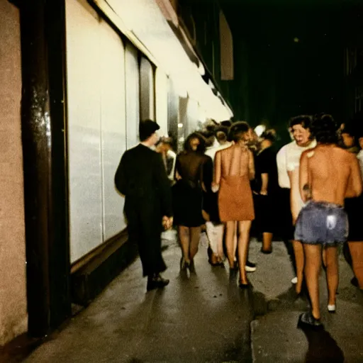 Image similar to Street photography, a close up of several people leaving a seedy nightclub at 5am, they are smoking, someone is screaming, Kodachrome