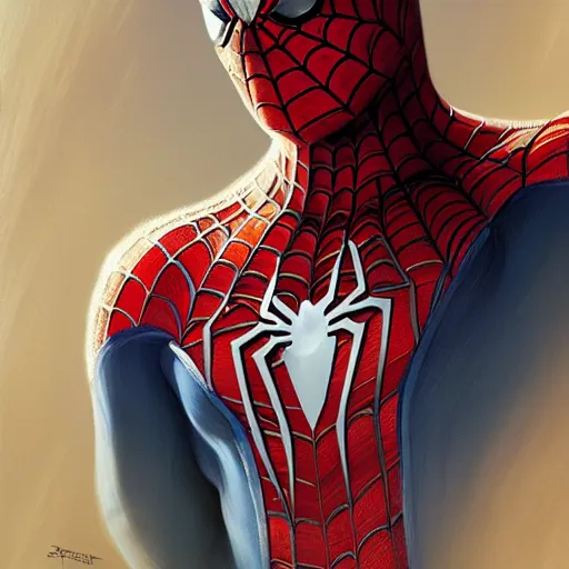 Image similar to Beautiful portrait of spiderman, wide angle, intricate, wild, highly detailed, digital painting, artstation, concept art, smooth, sharp focus, illustration, art by artgerm and greg rutkowski and alphonse mucha - W 768