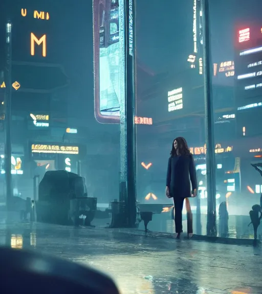 Image similar to a pov shot, color cinema film still kate middleton in blade runner 2 0 4 9, cinematic lighting at night.