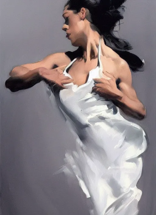 Prompt: sensual tango dancer girl in white dress, painting by phil hale, fransico goya,'action lines '!!!, graphic style, visible brushstrokes, motion blur, blurry, visible paint texture, crisp hd image