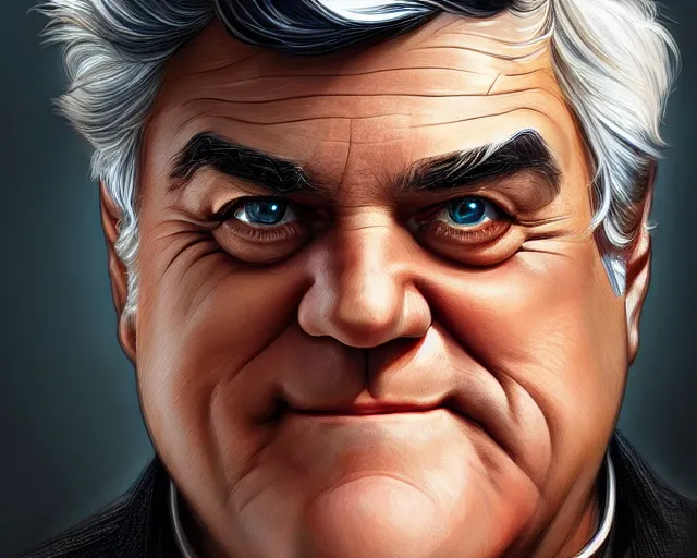 Image similar to close up of jay leno, focus, d & d, intricate, elegant, highly detailed, digital painting, artstation, concept art, matte, sharp focus, illustration, hearthstone, art by artgerm and greg rutkowski and alphonse mucha