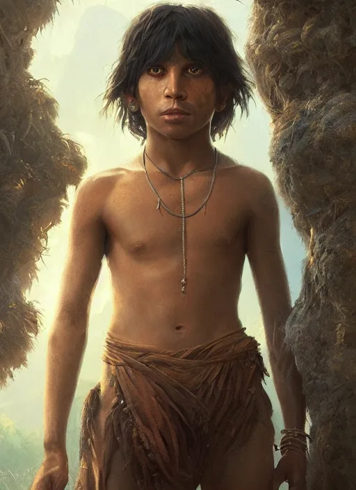 Image similar to highly detailed portrait of mowgli, unreal engine, cinematic light, warm, fantasy art by greg rutkowski