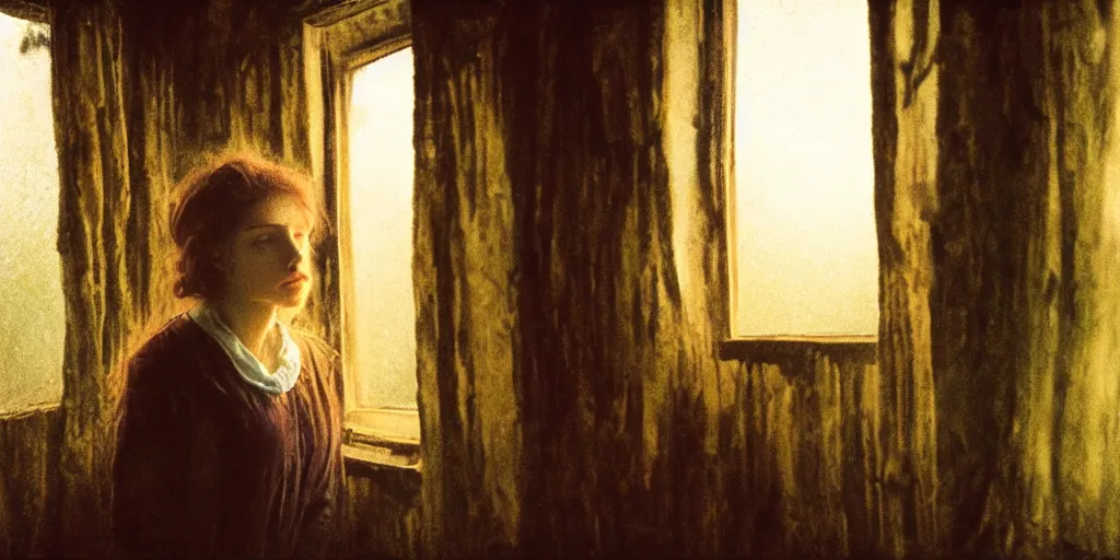 Image similar to portrait bust of young woman, tired expression, faded color film, russian cinema, tarkovsky, kodachrome, inside old cabin, next to window, heavy forest outside, long brown hair, old clothing, heavy fog, brown color palette, sunset, low light, hudson river school, 4 k, dramatic lighting, greg rutkowski