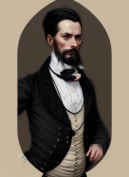 Image similar to 3 / 4 view of a portrait of man in victorian clothing, confident pose, intricate, elegant, sharp focus, illustration, highly detailed, concept art, matte, trending on artstation, anime, art by james jean and artgerm and brian despain and alberto mielgo, greg rutkowski, wlop, ilya kuvshinov, strong strokes