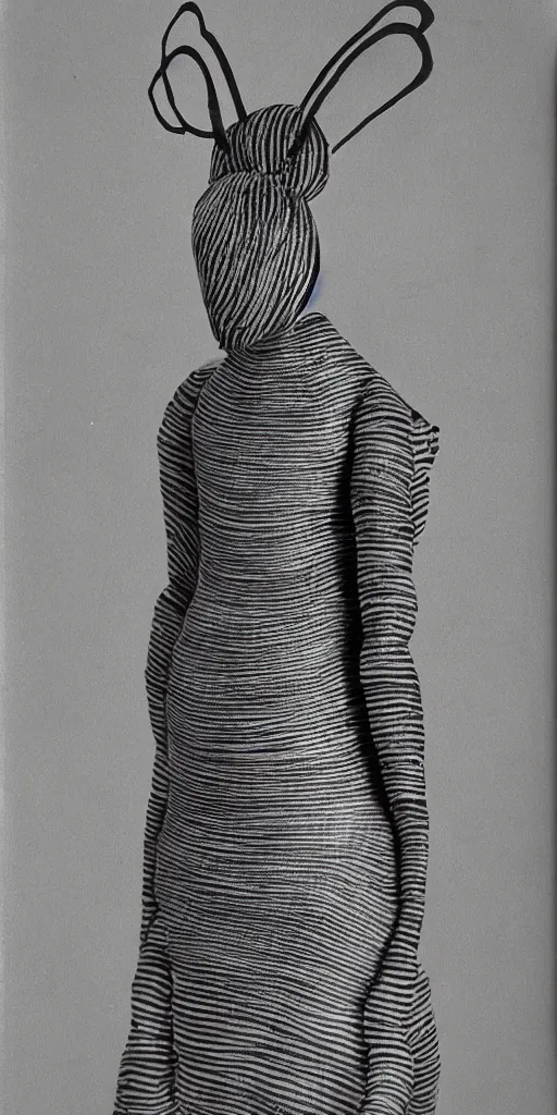 Image similar to an anthromorphic bee woman wearing striped couture made out of wax and paper