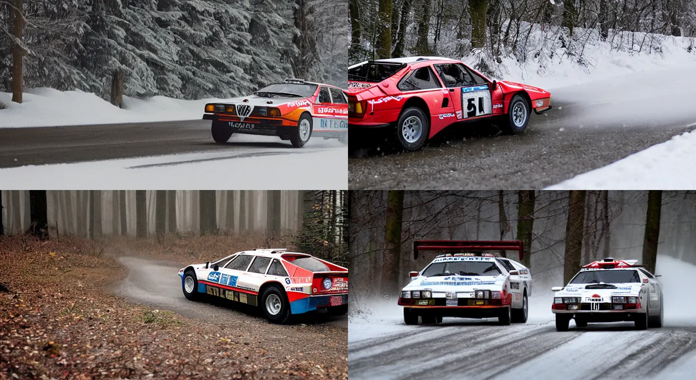 Prompt: a 1 9 8 2 lancia 0 3 7 stradale, racing through a rally stage in a snowy forest