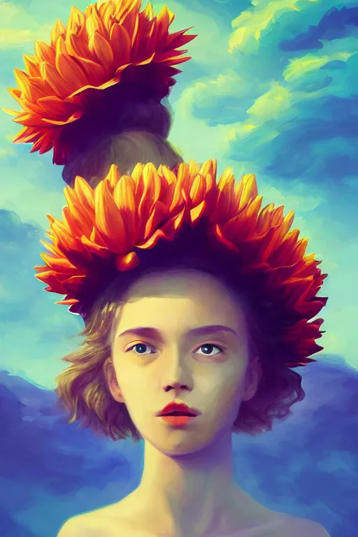 Image similar to closeup giant dahlia flower crown as head, girl standing on mountain, surreal photography, blue storm clouds, dramatic light, impressionist painting, digital painting, artstation, simon stalenhag