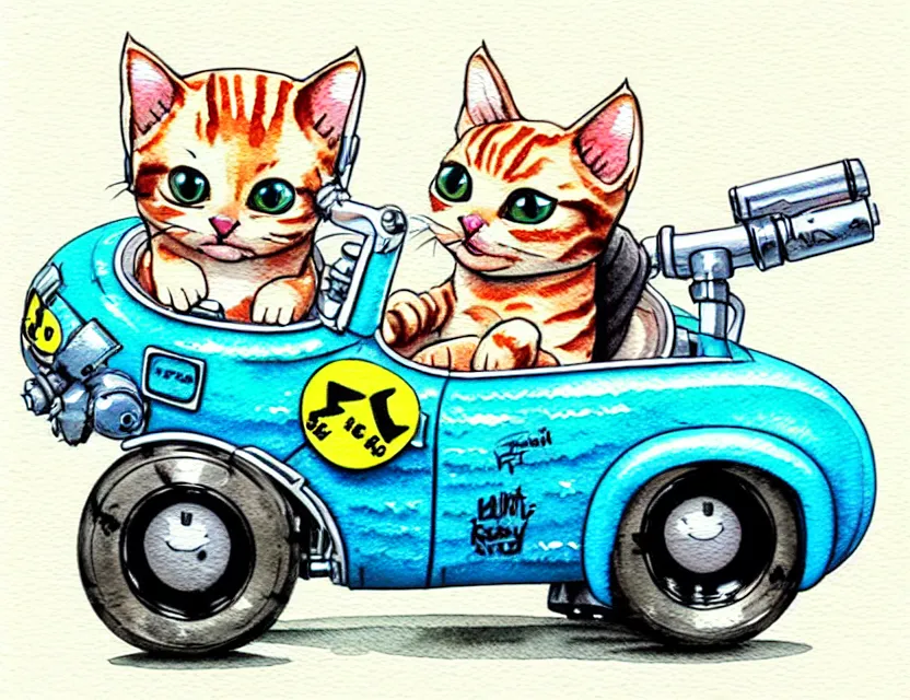 Image similar to cute and funny, kitten wearing a helmet riding in a tiny hot rod with oversized engine, ratfink style by ed roth, centered award winning watercolor pen illustration, isometric illustration by chihiro iwasaki, edited by range murata, tiny details by artgerm and watercolor girl, symmetrically isometrically centered