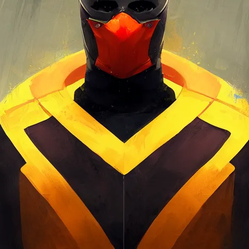 Image similar to portrait of a superhero by greg rutkowski, he looks like joseph quinn, he is wearing a black, orange and yellow kevlar gear with a mask, highly detailed portrait, digital painting, artstation, concept art, smooth, sharp foccus ilustration, artstation hq