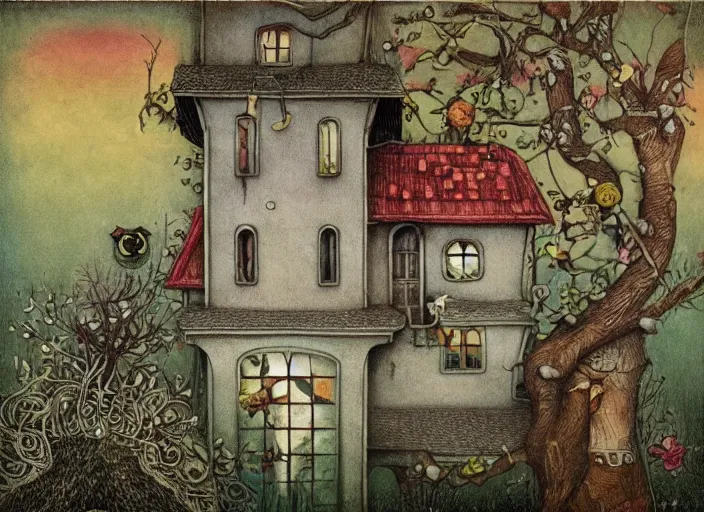 Image similar to a house with a tower, owl, birds, cheese, lowbrow in the style of mark ryden and john bauer,