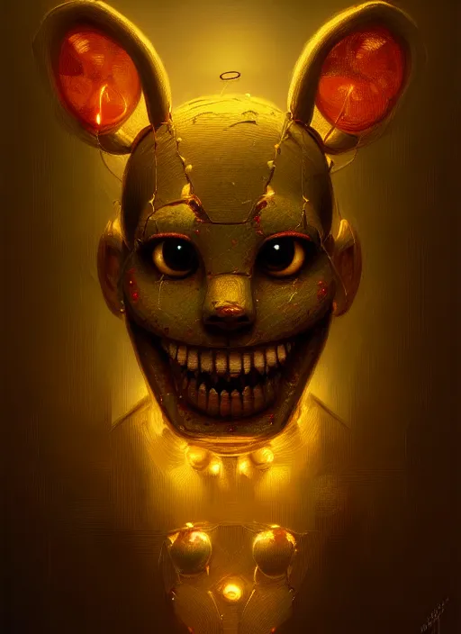 Image similar to portrait of springtrap, intricate, elegant, glowing lights, highly detailed, digital painting, artstation, concept art, sharp focus, illustration, art by wlop, mars ravelo and greg rutkowski