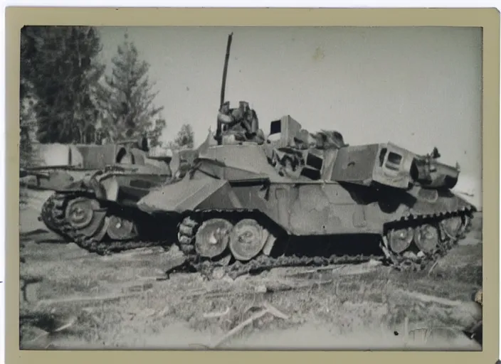 Image similar to found polaroid picture of a world war two 2 with a soviet mech war machine