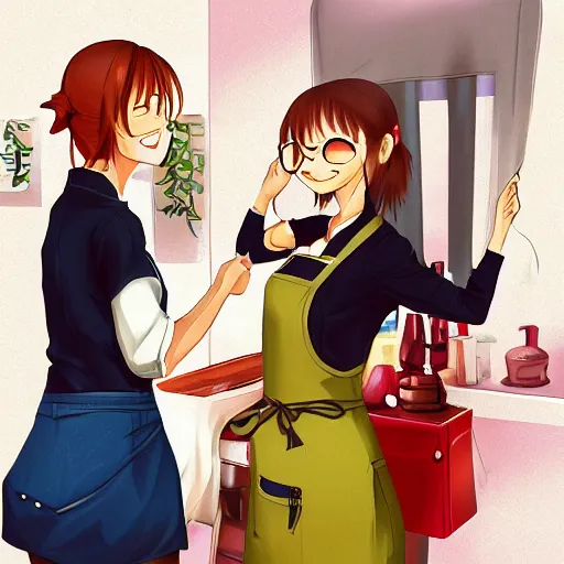 Prompt: your wife is happily meeting you coming home from work with an apron on, trending on pixiv, sharp, high quality, anime digital painting
