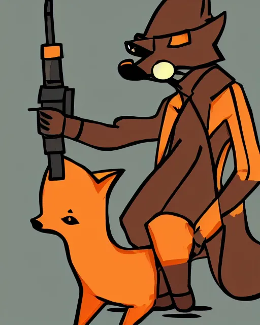 Image similar to a fox wearing a black trench - coat holding a mini - gun, comic art style, digital art,