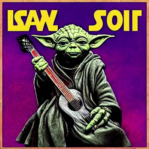 Image similar to Yoda playing guitar on a heavy metal album cover, 4k