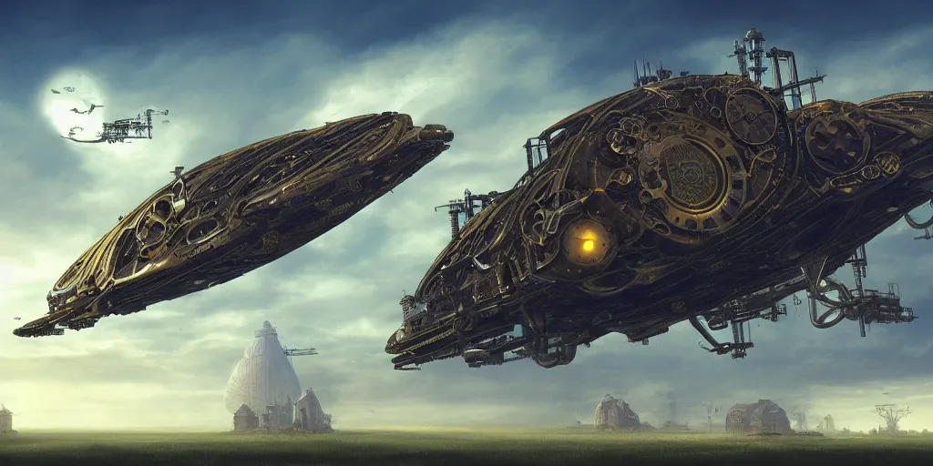 Image similar to steampunk spaceship hovering over fields and small houses, science fiction digital art, award winning, trending on artstation, digital art. highly detailed 8 k. intricate. lifelike.