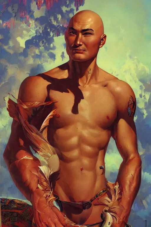 Image similar to beautiful gorgeous bald kazakh guy with a short beard, painted by tom lovell, alex malveda, greg staples