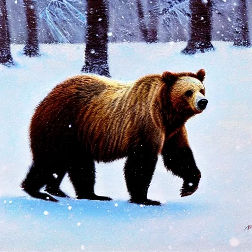 Prompt: grizzly bear in a snow storm, impressionism, artstation
