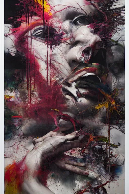 Image similar to the physical impossibility of death, in a brutalist designed space ship, hauntingly surreal, gothic, rich deep colours, painted by francis bacon, adrian ghenie, james jean and petra cortright, part by gerhard richter, part by takato yamamoto. 8 k masterpiece