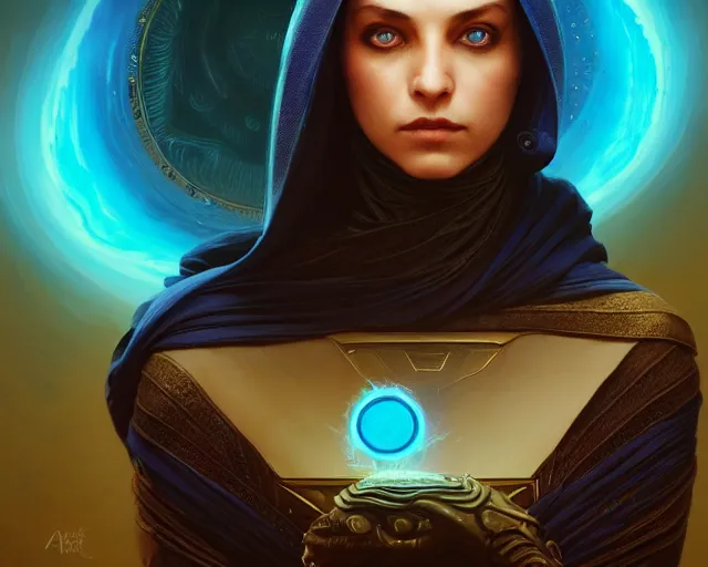 Image similar to photography of alia atreides of the knife, completely blue glowing eyes, deep focus, dune, science fiction, intricate, elegant, highly detailed, digital painting, artstation, concept art, matte, sharp focus, illustration, hearthstone, art by artgerm and greg rutkowski and alphonse mucha