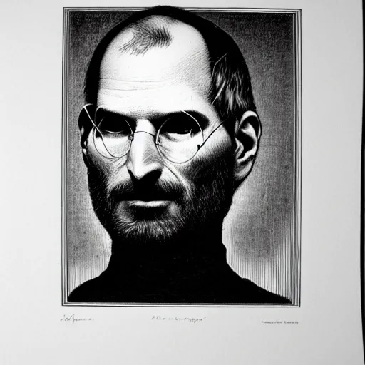 Image similar to portrait of steve jobs dramatic lighting by gustave dore and giger, museum print from copper plate etching, artstation