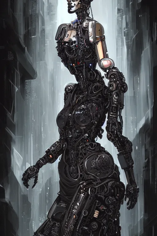 Prompt: laying beautiful painting of a crowned robotic cyberpunk princess in a gothic dark flowing gown laying intricate elegant highly detailed digital art, artstation