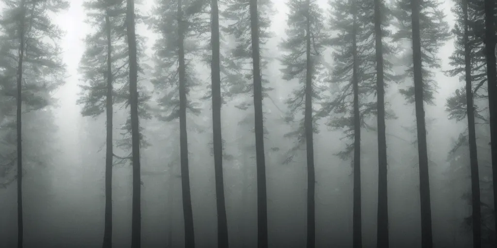 Image similar to a silouhette of a fish swimming in the air of a dark and gloomy forest, dreamscape, tall pine trees, foggy, gloomy