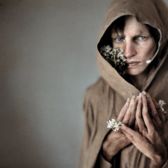 Prompt: closeup portrait of a cloaked hooded figure holding flowers, standing in a desolate abandoned house, by Annie Leibovitz and Steve McCurry, natural light, detailed face, CANON Eos C300, ƒ1.8, 35mm, 8K, medium-format print