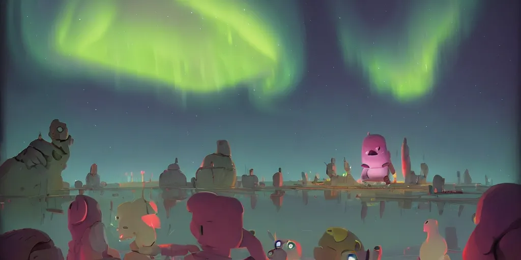 Image similar to cute monsters viewing an art gallery exhibit and Aurora borealis by Goro Fujita and Simon Stalenhag , 8k, trending on artstation, hyper detailed, cinematic