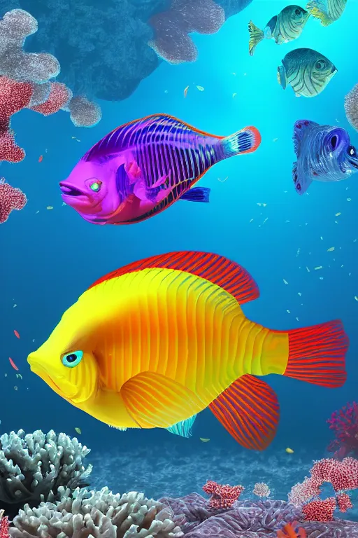 Image similar to a beautiful and colorful fish transparent swimming through a coral in the ocean, render in cinema 4 d