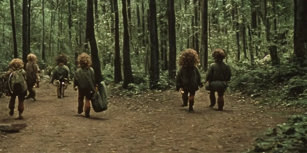 Prompt: A full color still from a Stanley Kubrick film featuring a side view of two hobbits wearing packs and walking down a path in a dark forest, 35mm, 1975