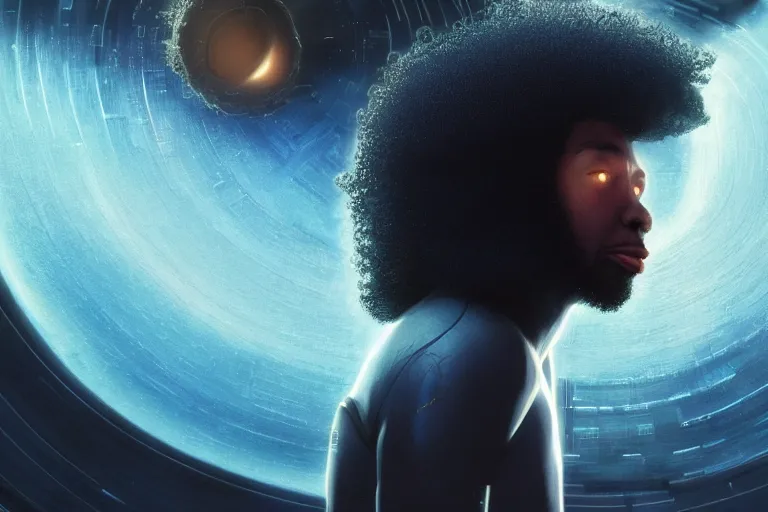 Image similar to a black man with long curly hair standing in front of a black hole horizon, time collapsing. neofuturistic highly detailed, digital concept art, Dimensional cyan gold natural light, sharp focus, Golden Ratio illustration, realistic concept art by Stephen Hickman and James Gurney and Hiromasa Ogura Ghost in the Shell rendered in Octane Render, From the distance