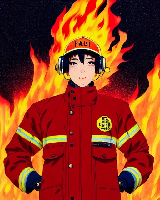 Image similar to fireman, cool pose, fire jacket, helmet, covered in beautiful flames!!! | | very very anime!!!, beautiful fine - face, audrey plaza, realistic shaded perfect face, fine details. anime. realistic shaded lighting poster by ilya kuvshinov katsuhiro otomo ghost - in - the - shell, magali villeneuve, artgerm