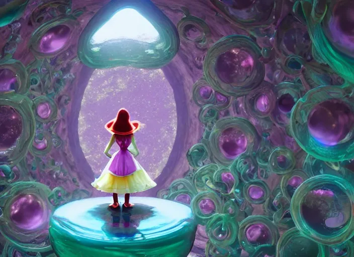 Image similar to a pixar alice from wonderland sitting on top of a non - euclidean infinite tunnel of evanescent hallucinatory images in endless mirrors that temporarily cling to a virtual node of experience called the self in an illusion called spacetime, hyperdetailed, octane render, nvidia raytracing demo