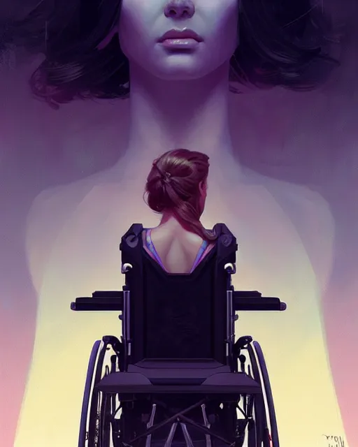 Image similar to masterpiece concept art, a beautiful highly detailed sci - fi lady on wheelchair, artist of 2 2 nd century, cinematic moody colors, realistic shaded lighting poster by ilya kuvshinov, magali villeneuve, artgerm, jeremy lipkin and michael garmash and rob rey,