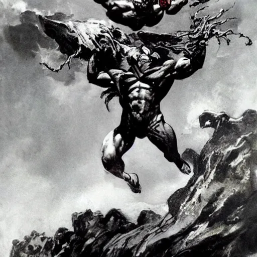 Image similar to muscular man riding motorcycle flying through the air from demons, into glory ride, artwork by Frank Frazetta